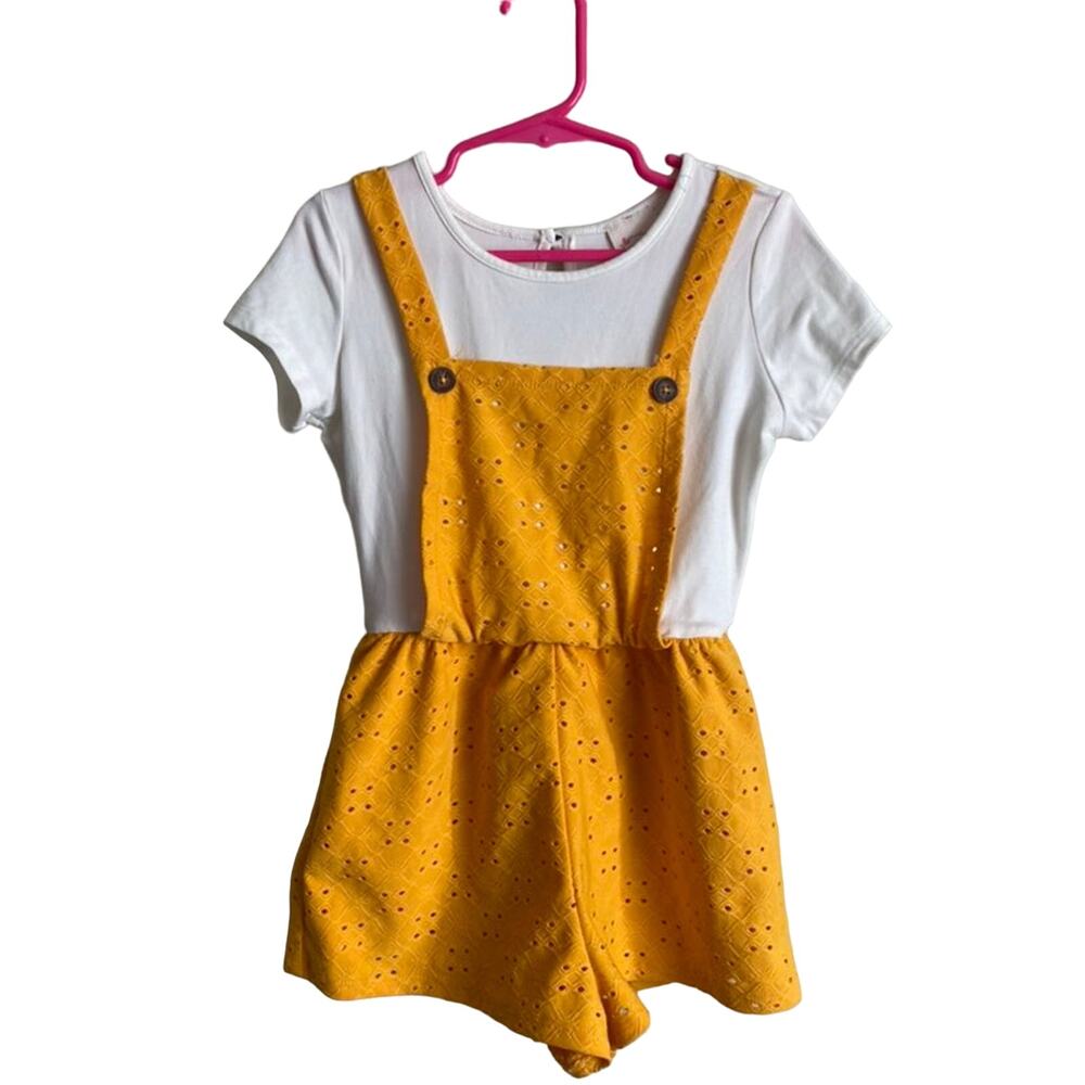 Heart and Arrow Yellow and White Eyelet Summer Romper Sz 5 Girls Boho Overall